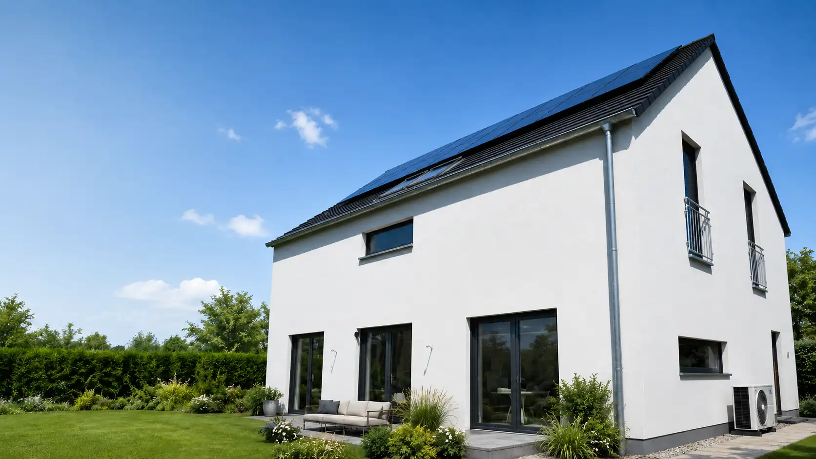 Saniertes, energieeffizientes Einfamilienhaus mit Photovoltaik-Dach, Wärmepumpe, gedämmter Fassade und großen Fenstern im Garten