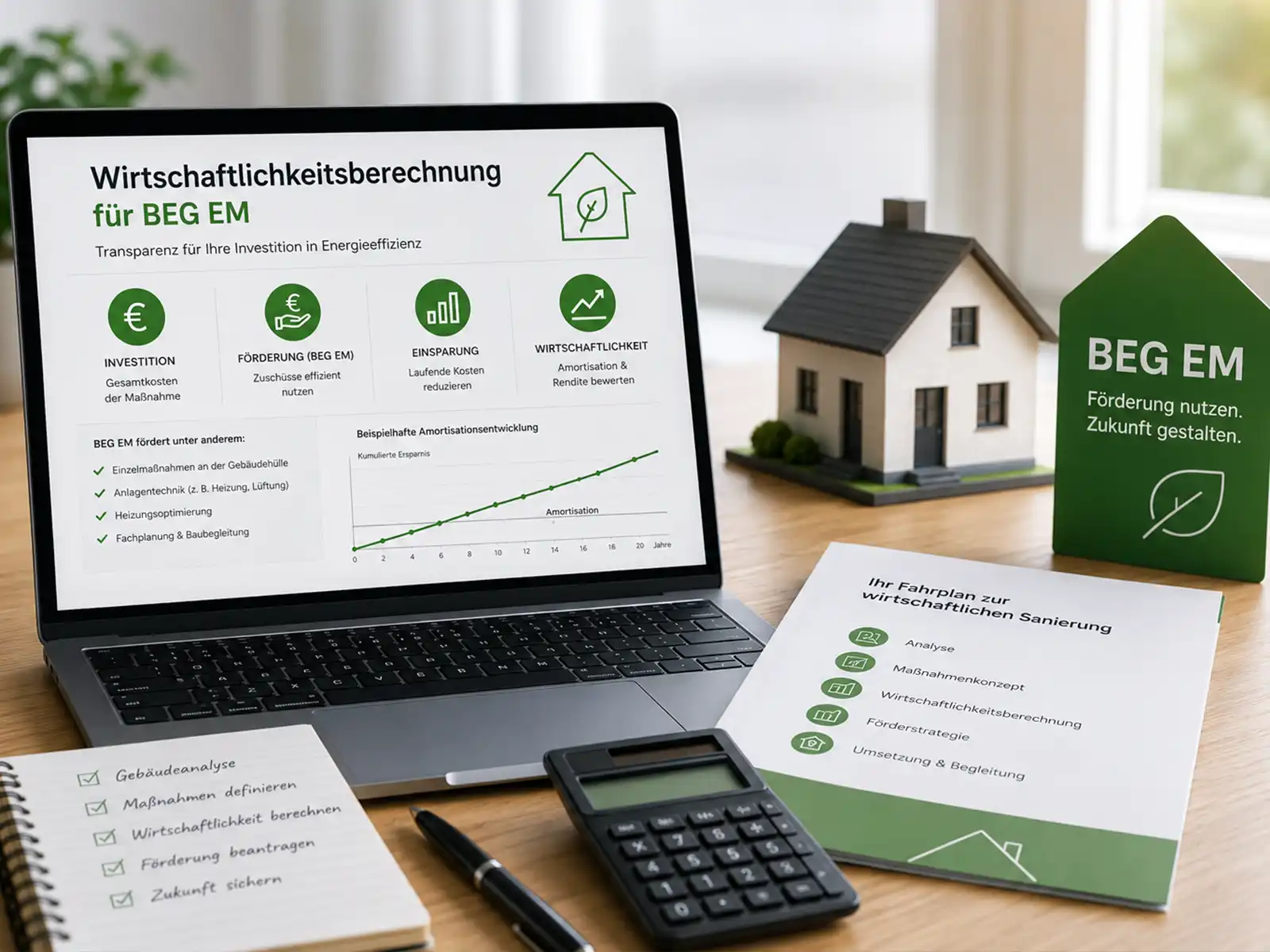 Wirtschaftlichkeitsberechnung für die BEG-EM-Förderung am Laptop